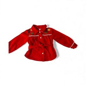 Vintage Toddletime Floral Embroidered Belted Red Button Down Blouse Shirt 3T